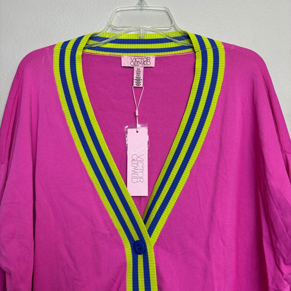 VICTOR GLEMAUD Pink Neon Blue Stripe Colorblock Cardigan Sweater Women's 2X - Picture 2 of 16